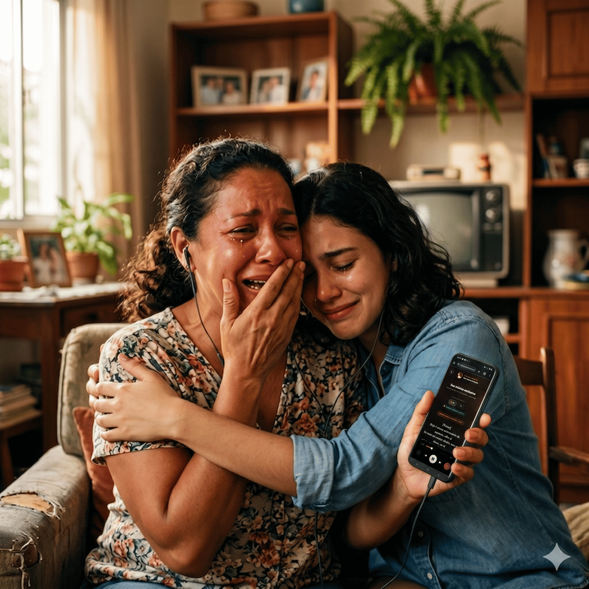 Mãe e filha emocionadas ouvindo a música personalizada